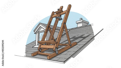 A wooden construction crane stands on a rooftop against a clear blue sky