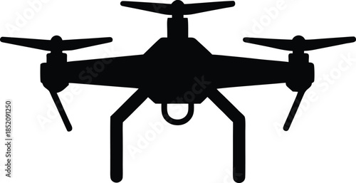Black silhouette of a quadcopter drone with camera vector illustration icon
