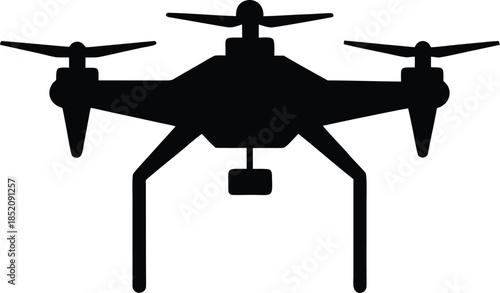 Black silhouette of a quadcopter drone with camera vector illustration icon