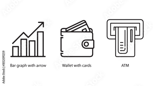 Financial growth icons in minimalist style with black outline on white background for banking and finance