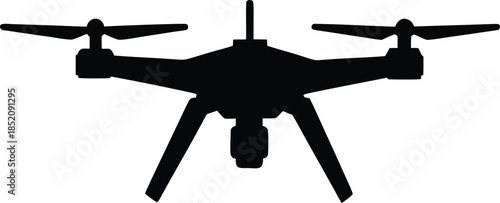 Black silhouette of a quadcopter drone with camera vector illustration icon