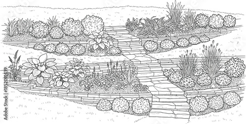Detailed black and white illustration of a tiered garden landscape featuring stone retaining walls and lush plantings