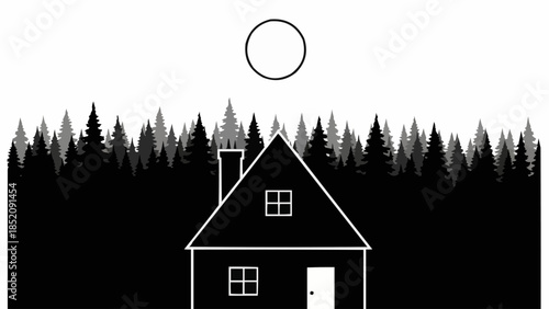 Simple House Illustration with Chimney and Trees.