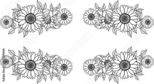 Vintage, sunflower, floral, corner, set, ornate, decorative, border, collection, hand, drawn, summer, botanical, elements, swirl, design, ornament, elegant, wedding, invitation.