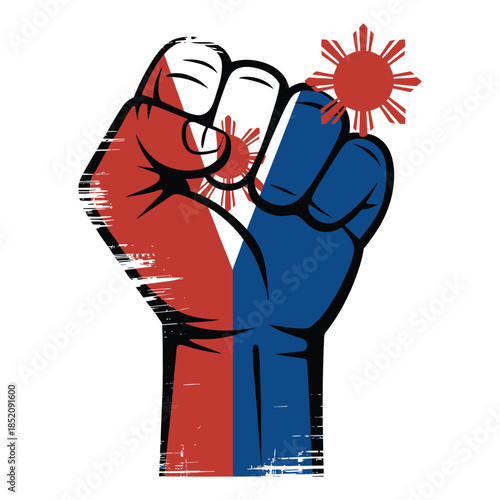 Philippines freedom fist with sun rays symbolic patriotic solidarity expressing nation strength against oppression symbolizing courage resistance independence