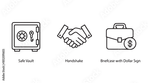 Business Agreement Icons in Minimalist Style with Black Line Art on White Background for Financial Services