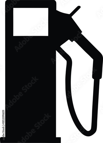 Black silhouette of a gas pump nozzle with a drop of fuel falling vector illustration. Black gas station pump and canopy silhouette vector