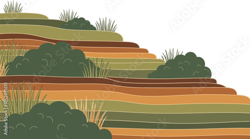 Stylized illustration of agricultural rice terraces featuring layered earth tones and lush green vegetation against white