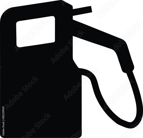 Black silhouette of a gas pump nozzle with a drop of fuel falling vector illustration. Black gas station pump and canopy silhouette vector