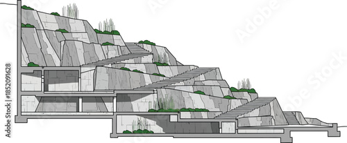 Architectural section drawing revealing multi-level terraced structure integrated into a rocky hillside landscape design