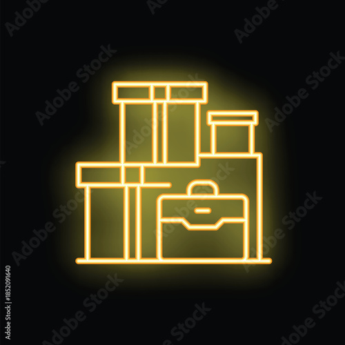 Bright yellow neon sign depicting a luggage storage room with suitcase and packages on a shelf