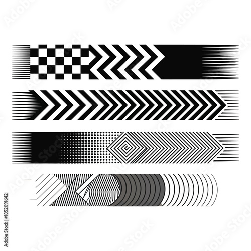 Set of Four Abstract Horizontal Vector Banners Decorated with Geometric Ornament Different Modern Decorative Pattern on Transparent Background Isolated Vector Illustration