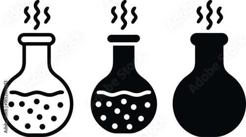 Boiling Laboratory Chemical Flask With Bubbles And Steam For Science Research Experiment Education Projects Vector Silhouette and Pictogram Icon Set.eps
