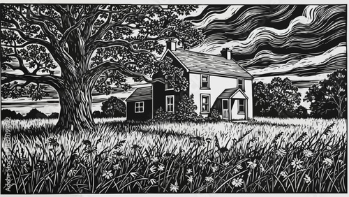 Black and White Drawing of House.