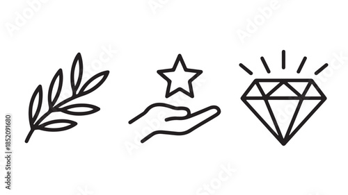 Simple Line Icons of Laurel, Star, and Diamond in Minimalist Style with White Background for Web Design