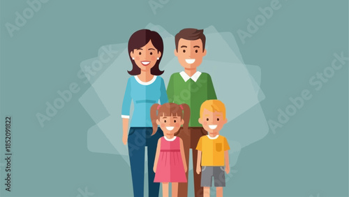 Happy Family with Two Children Standing Together.