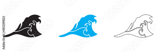 Stylized ocean wave icon.  Stylized ocean wave illustrations in monochrome, suitable for logos, tattoos, prints, surfing themes, and Japanese-inspired graphic design.
