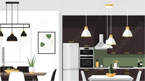 Modern kitchen and dining area illustration with sleek furniture and minimalist decor