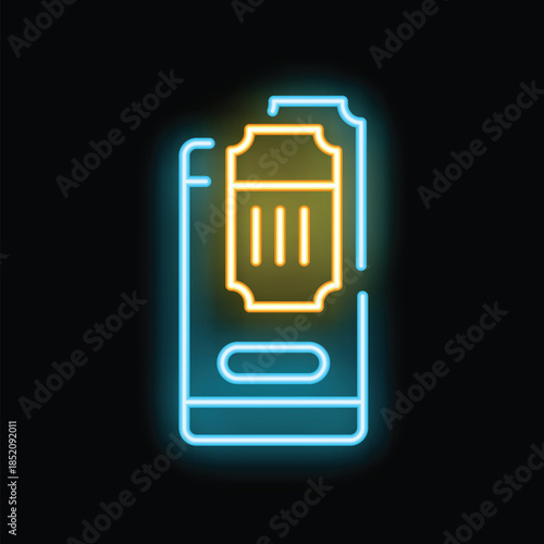 Glowing neon sign showing a mobile ticket for public transport or event access on a smartphone