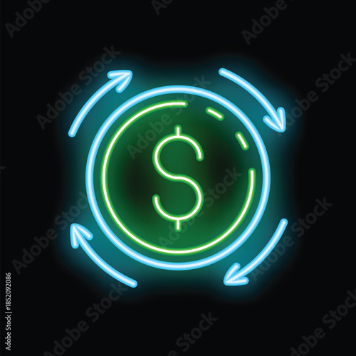 Neon sign representing money circulation with green dollar sign and blue arrows on black background