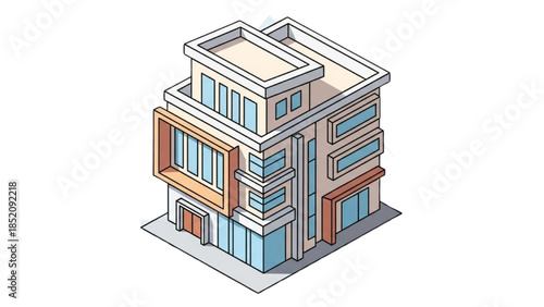 Isometric illustration of a modern building with clean lines and vibrant colors