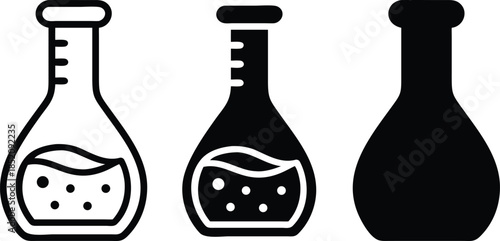 Scientific Erlenmeyer Flask With Bubbling Liquid For Laboratory Chemical Experiments And Science Education Research Projects Vector Silhouette and Pictogram Icon Set.eps