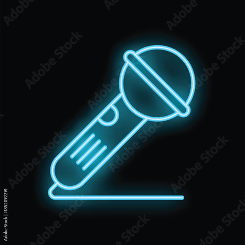 Blue neon icon of a microphone glowing on a dark background