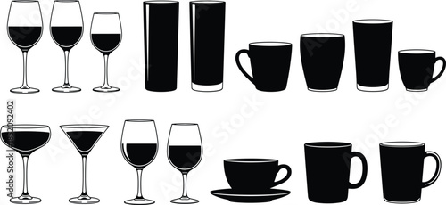 Black, glassware, silhouettes, set, drinking, glasses, mugs, wine, cups, kitchen, bar, collection, coffee, tea, beverage, icons, vector, illustration, isolated, icons.