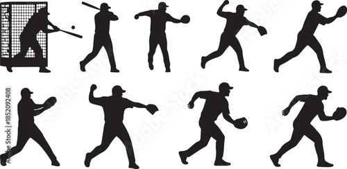 Baseball player action silhouettes collection