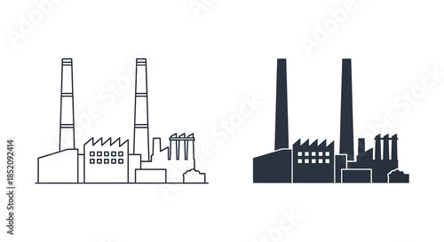 Industrial buildings with smokestacks a linear depiction in contrasting styles silhouette