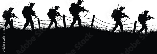 Silhouette of soldiers marching in a line with rifles and backpacks near a barbed wire fence. AI Generative