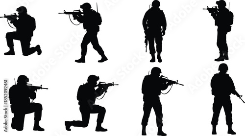 Collection of black silhouettes depicting soldiers in various combat poses with rifles. AI Generative