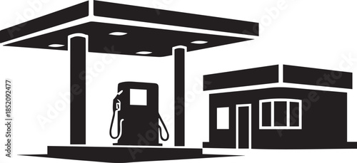 Simple silhouette of a gas station with pump and building iconic symbol of travel