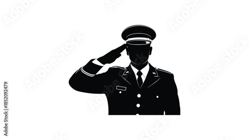 Black silhouette of a military officer or police captain in uniform with peaked cap performing a formal hand salute isolated on white background for memorial or service tribute AI Generative