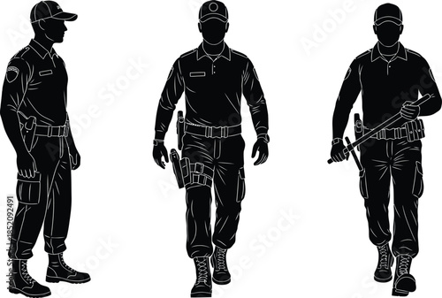 Silhouettes of security guards or police officers in uniform, standing and walking, with equipment and batons. AI Generative