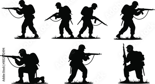 Silhouettes of soldiers in various combat poses holding rifles, depicting military personnel and warfare. AI Generative