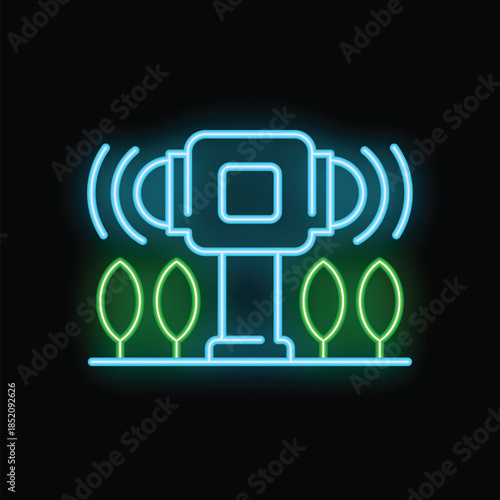 Neon glowing icon of a smart farm sensor monitoring system for plants growing