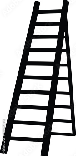 A simple black ladder stands vertically against vector, Black silhouette of a straight ladder leaning against a white background a striking silhouette