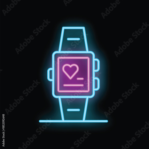 Neon sign showing a smart watch displaying a heart rate icon, perfect for promoting healthy lifestyle and fitness tracking