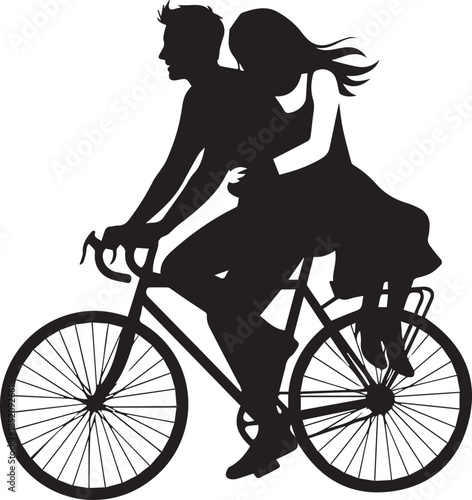 Couple silhouetted riding a bicycle together