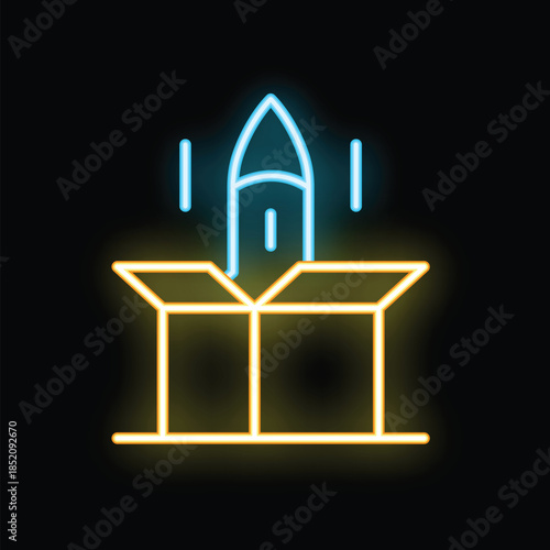 Neon icon of a rocket taking off from an open cardboard box