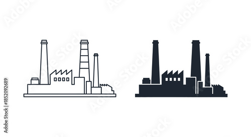 Industrial factory buildings line art and contrasting dark silhouette representation