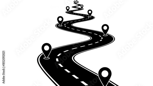 Winding road with map pins