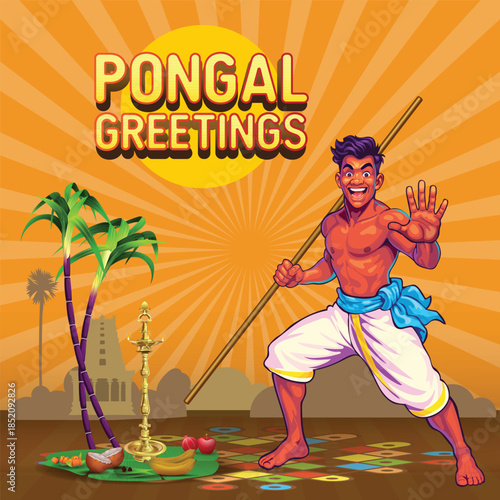 Pongal Greetings with Tamil Traditional Excited Silambam Player