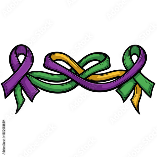 Colorful Mardi Gras ribbon banner in purple, green, and gold  