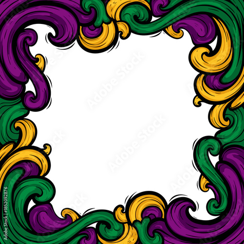 Colorful Mardi Gras decorative frame with swirls and curls  