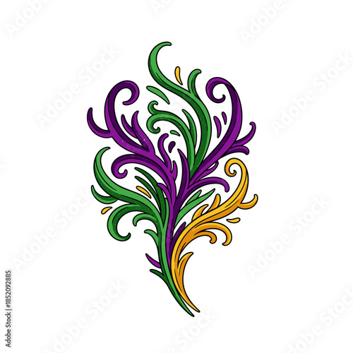 Colorful Mardi Gras design with swirling patterns and glitter accents  