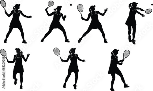 Female, tennis, player, silhouette, set, action, poses, sport, athlete, woman, racket, ball, match, active, workout, competition, professional, court, training, isolated.