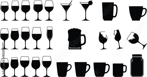 Black, drink, glassware, silhouette, set, wine, glass, cocktail, beer, mug, coffee, cup, jar, collection, bar, restaurant, icon, vector, isolated, illustration.