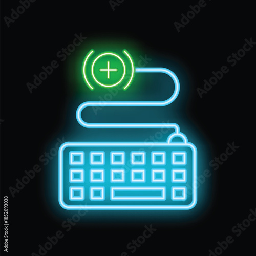 Neon sign of a green medical symbol connected by a blue wire to a blue keyboard on a black background
